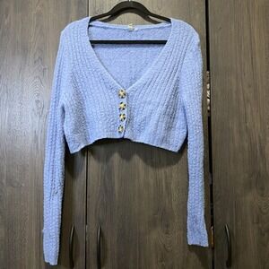 Sky and Sparrow Womens Light Blue Cropped Cardigan Ribbed Fuzzy V-Neck Sweater M